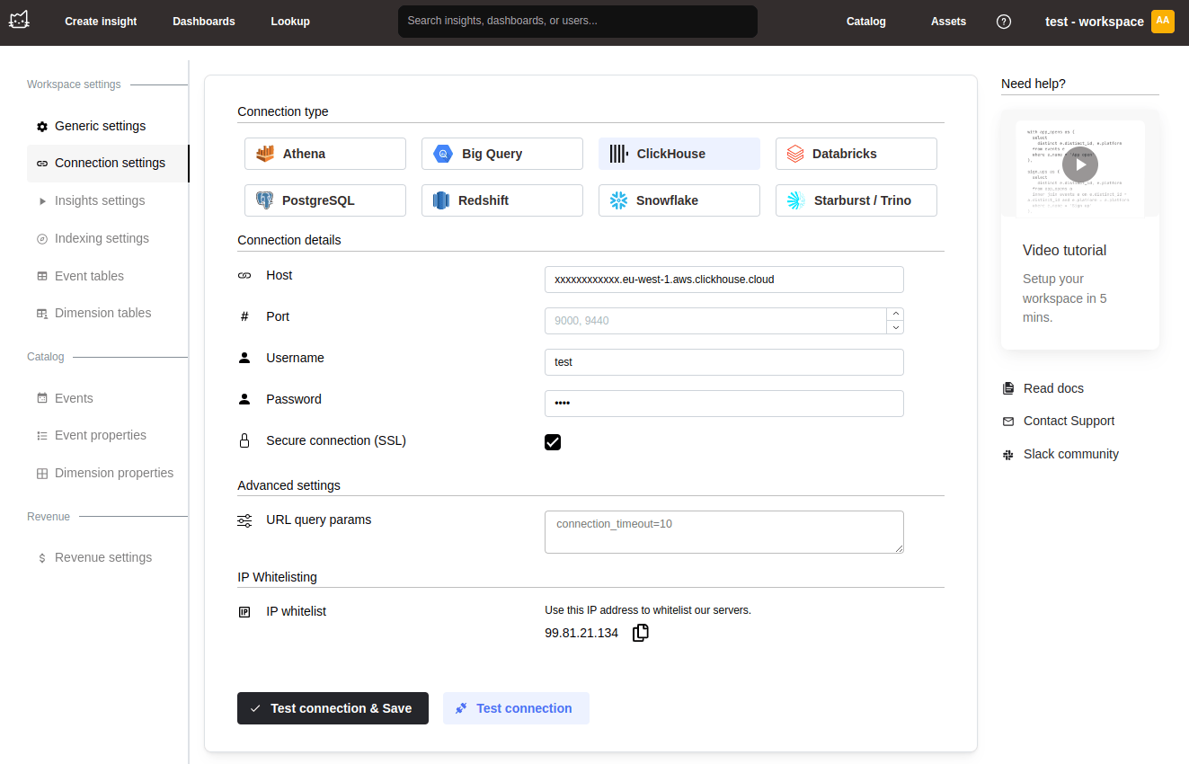 Mitzu connection setup page for ClickHouse with configuration form